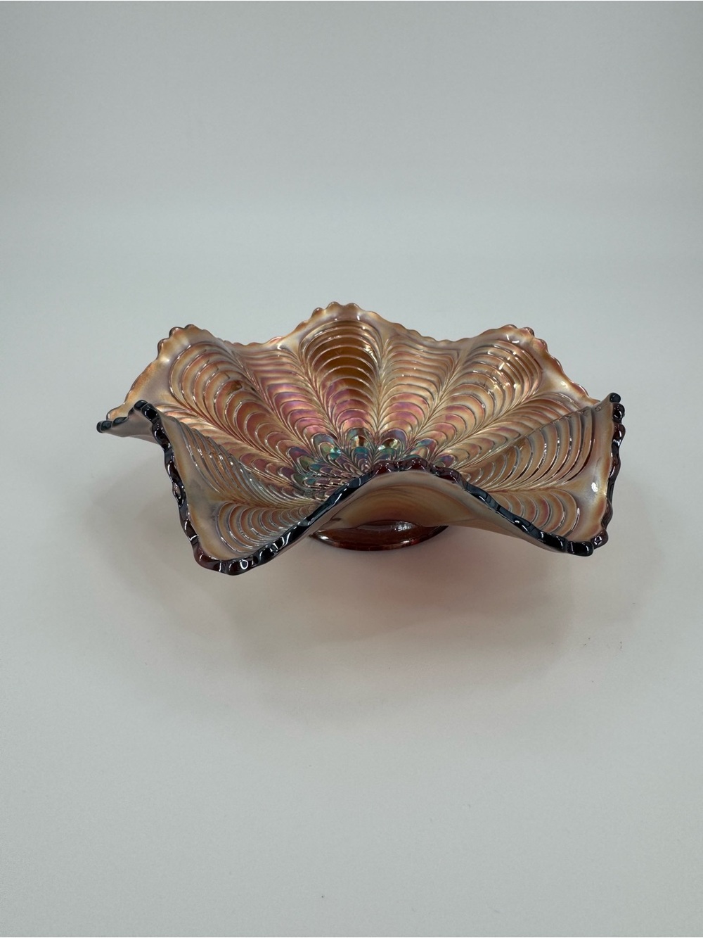 Antique Fenton Peacock Tail Amethyst Carnival Glass Ruffled Bowl